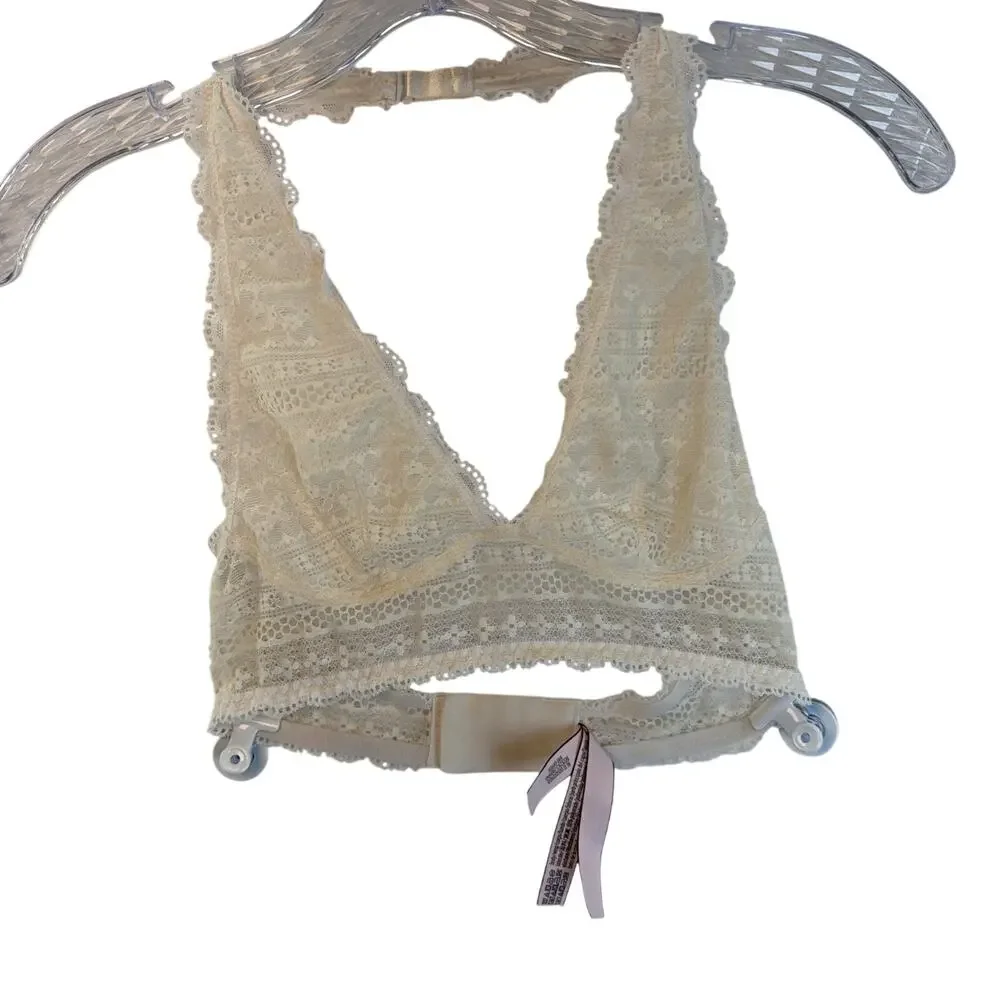 Victoria's Secret Long Line Halter Bralette XS Lace Top White Ivory Coquette